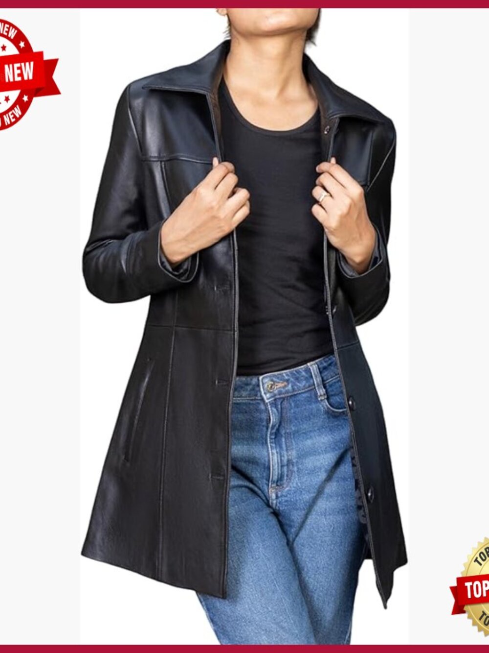 Genuine Leather Long Coat, Button Closure, Spread Collar, Two Pockets